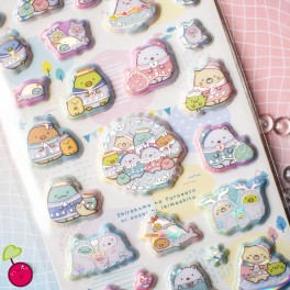 Stickers relief Sumikko Gurashi  - Shirokuma visite sa famille - Fond pastel